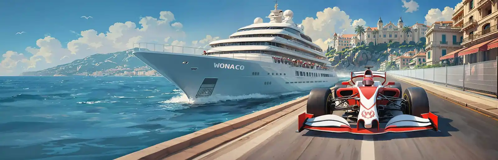 Wonaco Casino: banner del pacchetto di benvenuto con yacht e monoposto